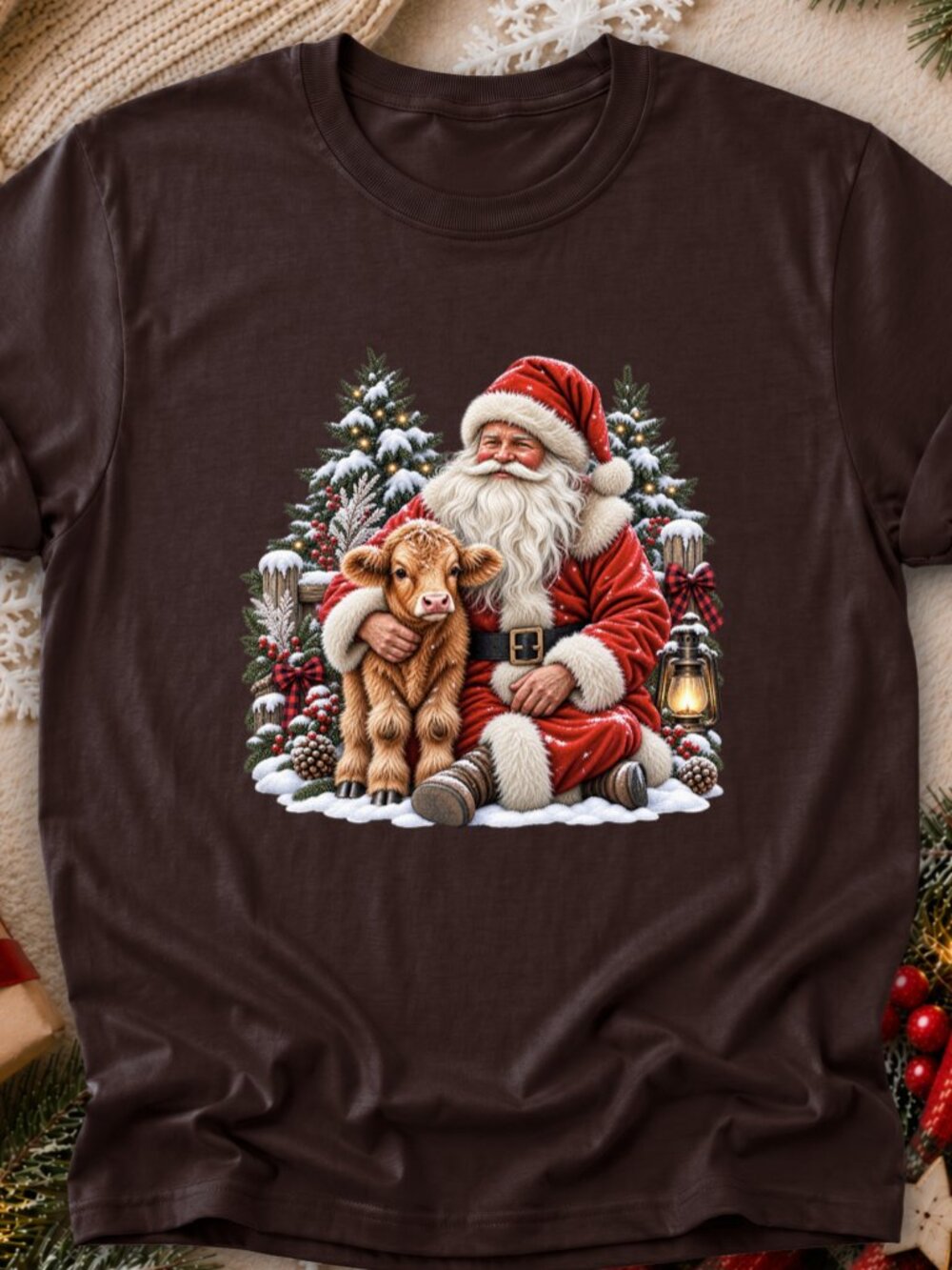 Santa Holding Highland Calf TShirt Graphic Tee Farm Animal Christmas Holiday